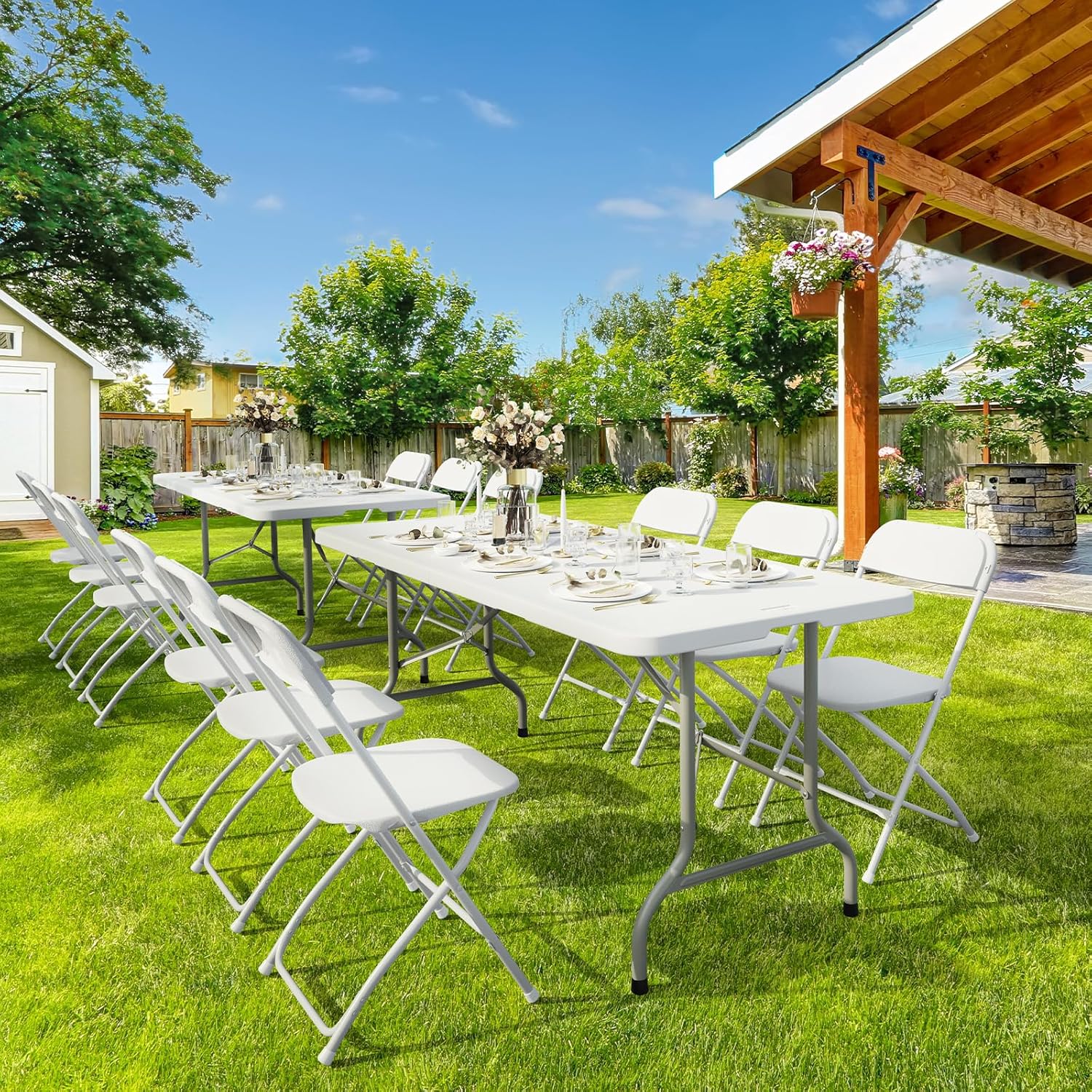 Bonnlo Folding Table 6ft, Portable Collapsible Plastic White Long Tables for Party, Camping, Banquet, Craft, Dining, Wedding, Outdoor and Indoor Use