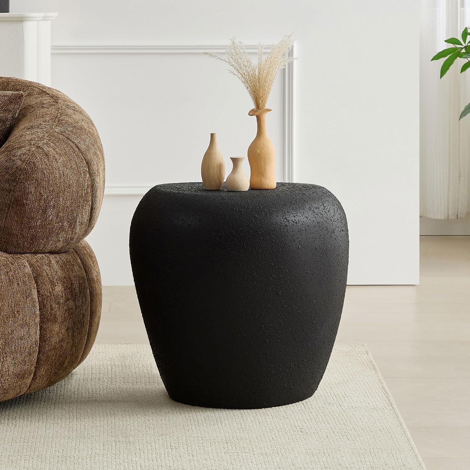Round Side Table, Modern Faux Stone End Table, Accent Irregular Bedside Table for Bedroom, Living Room, Home Office, No Need Assembly, Black