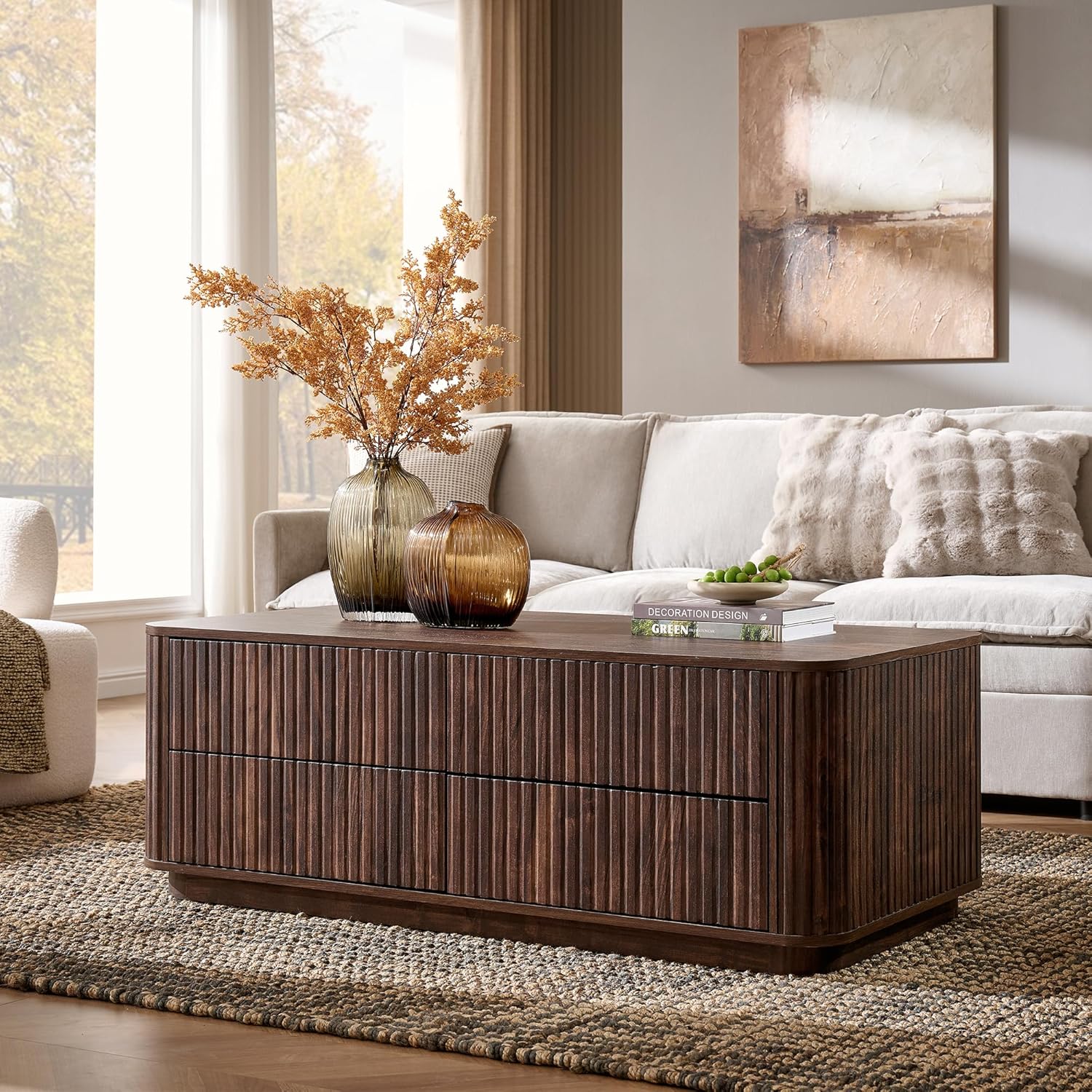 51" Fluted Coffee Table with 4 Drawers, Mid Century Modern Large Coffee Table with Storage, Rectangle Wood Center Table for Living Room, Dark Walnut