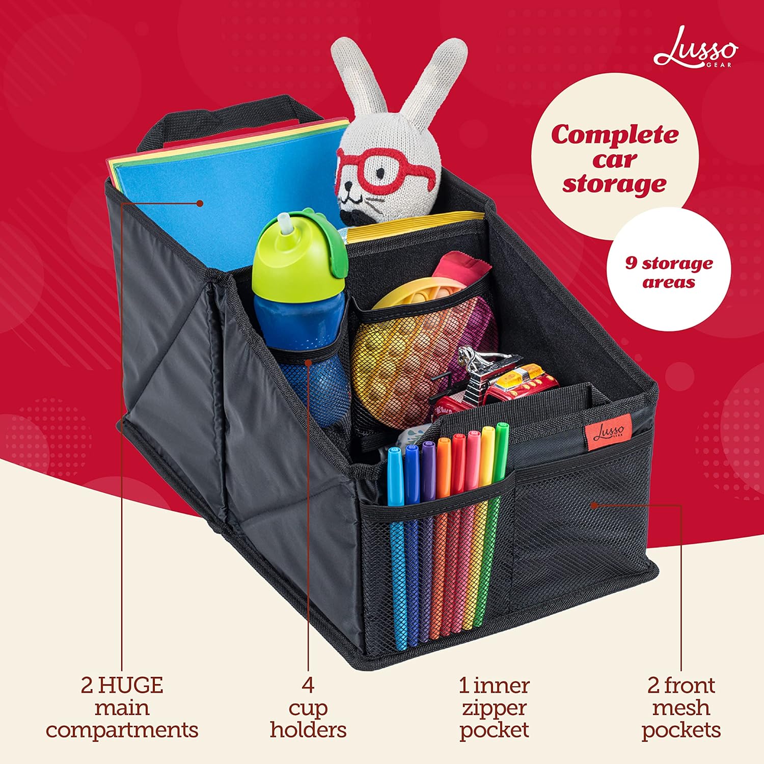 Lusso Gear Car Seat Organizer for Front or Backseat - Great for Adults & Kids, Features 9 Storage Compartments for Toys, Magazines, Tissues, Maps, Books, Documents, Games & More (Floral)