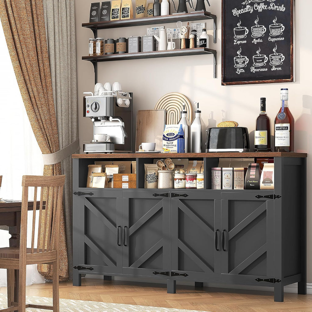 knoworld 55'' Farmhouse Buffet Sideboard with Storage, 4 Doors & Shelves, Large Wood Kitchen Storage Cabinet, Coffee Bar Buffet Table for Kitchen, Dining Room, Entryway