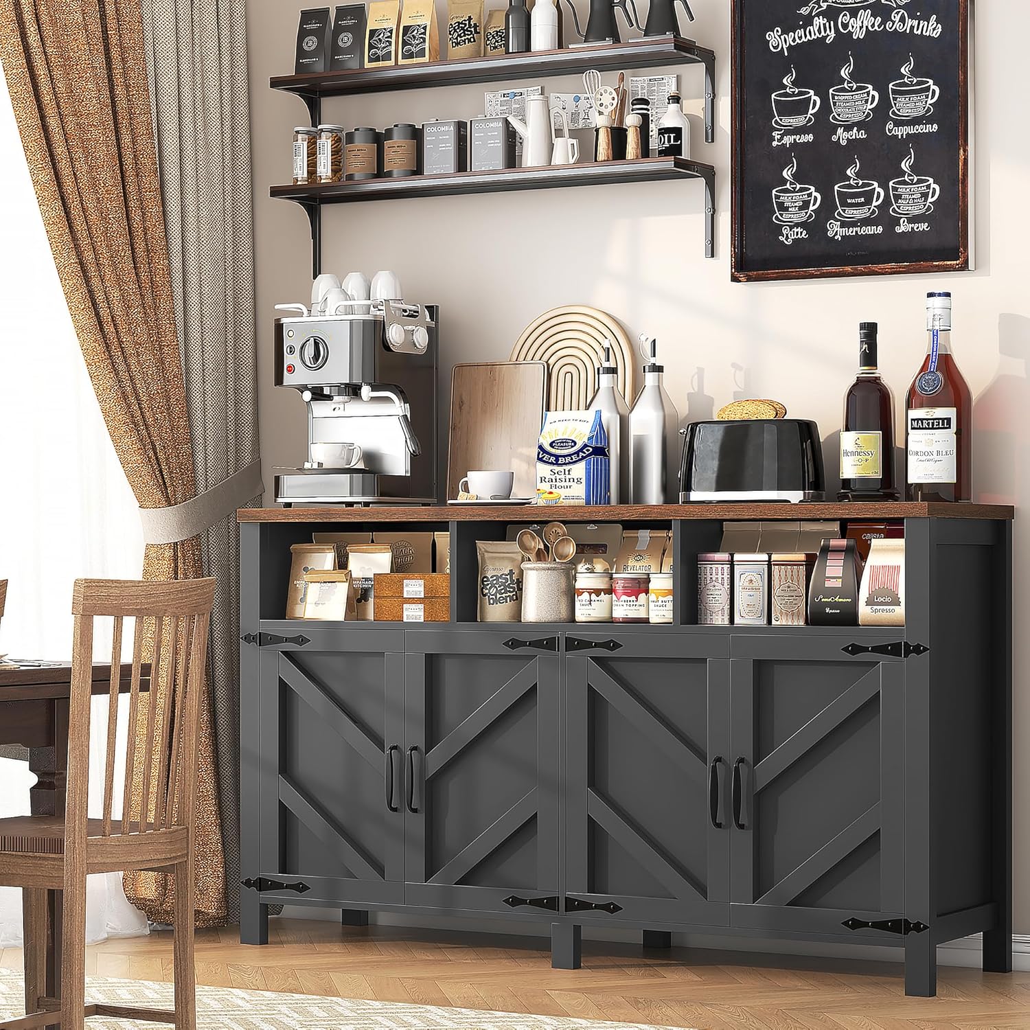knoworld Buffet Sideboard with Storage Farmhouse with 4 Doors, 55'' Large Kitchen Storage Cabinet Wood Coffee Bar Cabinet Buffet Table with Shelves for Kitchen, Dining Room, Entryway (Black, 55 in)