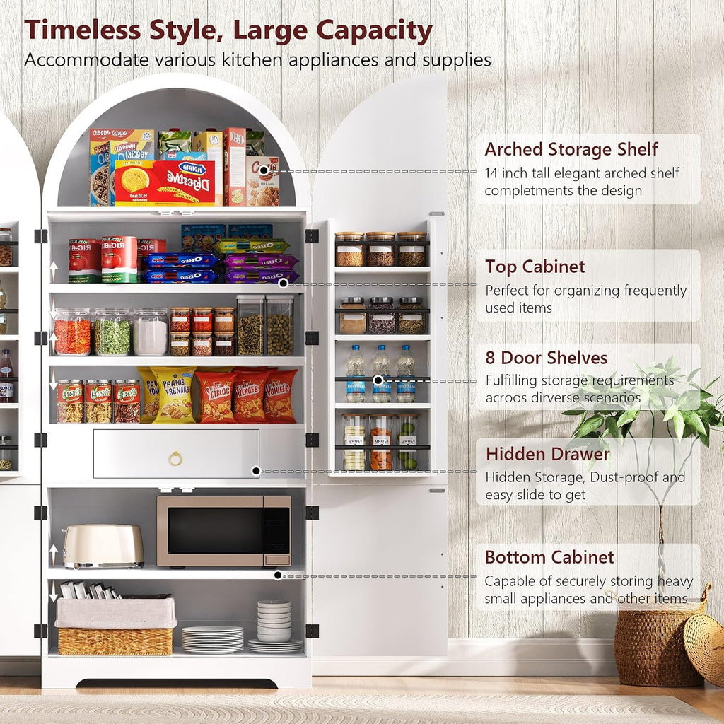 72" Arched Kitchen Pantry Cabinet with Fluted Doors, Tall Freestanding Versatile Storage Cupboard with 8 Adjustable Door Shelves & Hidden Drawer, for Kitchen, Dining Room, Bathroom (White)