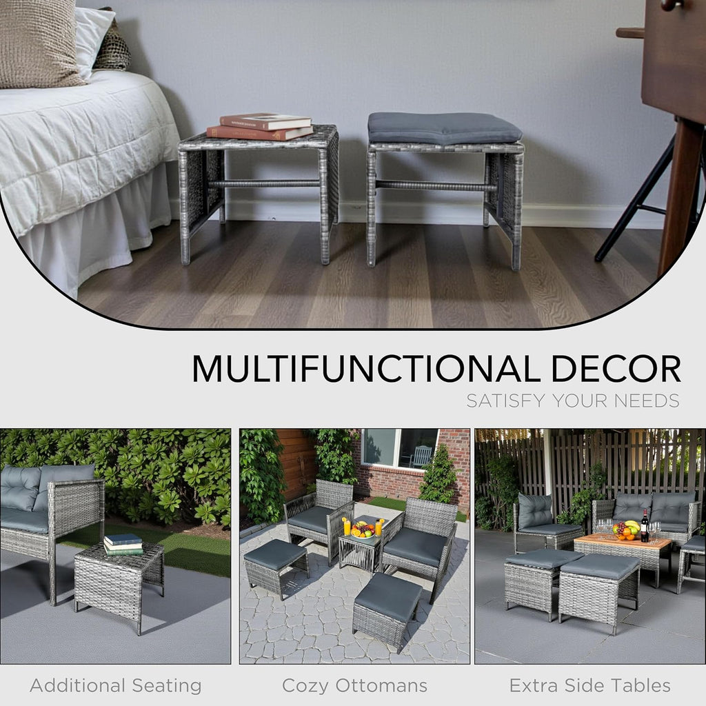 GIANGSUNNY Set of 2 Outdoor Wicker Ottomans, Patio Footstools with Cushions, Multipurpose Rattan Ottomans for Seating or Footrest, Balcony & Deck (Grey)