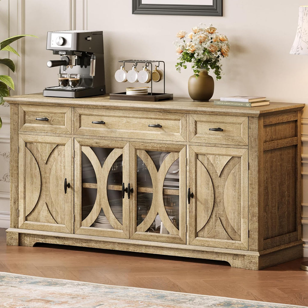 Einhomn 64" Farmhouse Sideboard Cabinet with 3 Drawers and 4 Doors, Buffet Cabinet with Adjustable Shelves and Curved Glass Doors, Large Storage Cabinet for Dining Room, Living Room, Kitchen,Natural