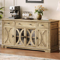Einhomn 64" Farmhouse Sideboard Cabinet with 3 Drawers and 4 Doors, Buffet Cabinet with Adjustable Shelves and Curved Glass Doors, Large Storage Cabinet for Dining Room, Living Room, Kitchen,Natural