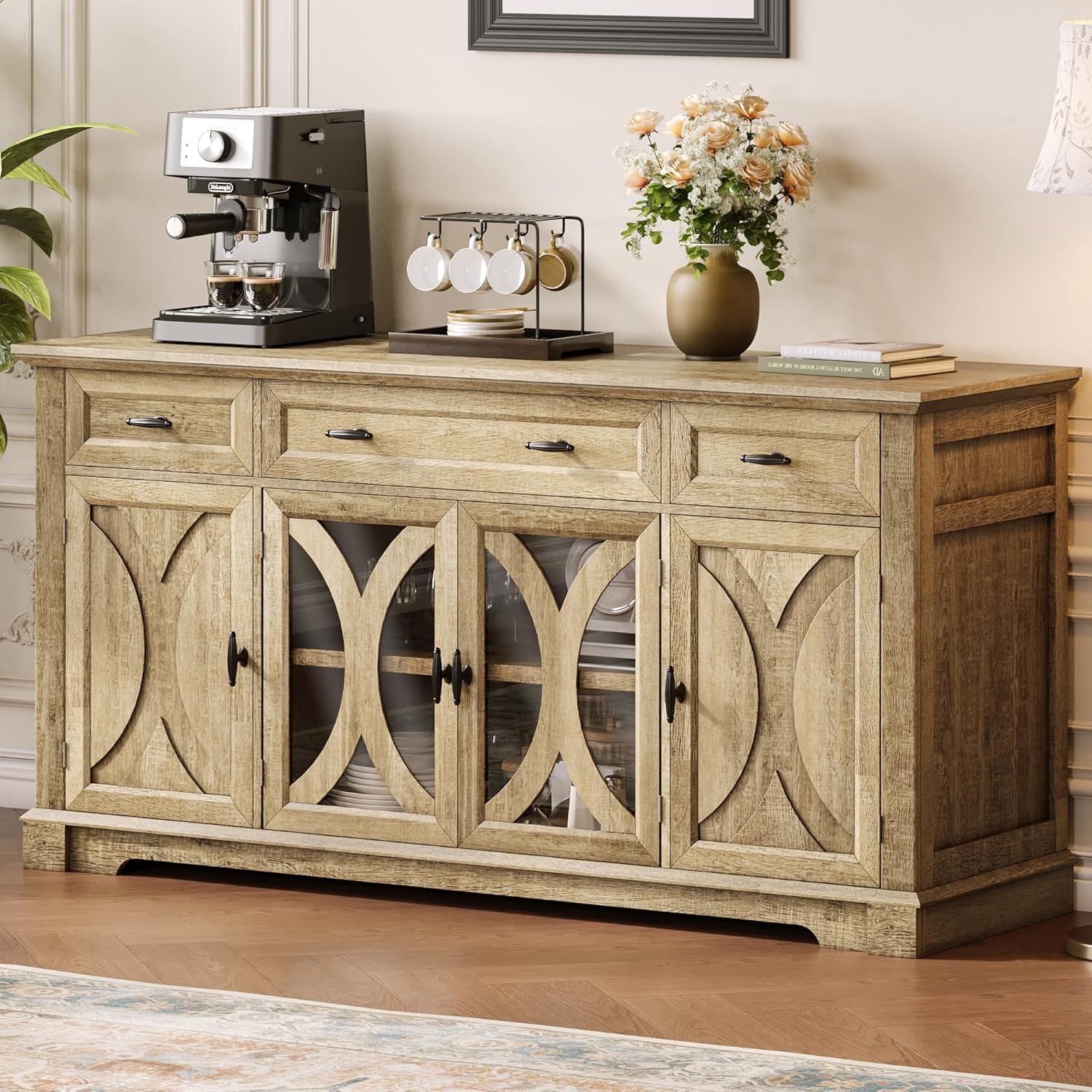Einhomn 64" Farmhouse Sideboard Cabinet with 3 Drawers and 4 Doors, Buffet Cabinet with Adjustable Shelves and Curved Glass Doors, Large Storage Cabinet for Dining Room, Living Room, Kitchen,Natural