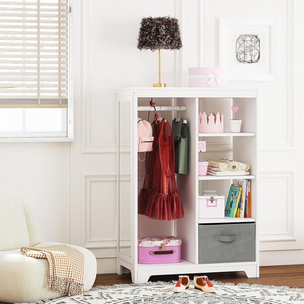 UTEX Kids Dress Up Storage with 2 Storage Bins and Full Length Mirror | Kids Armoire, Opening Hanging Kids Closet Wardrobe, Water-based Paint