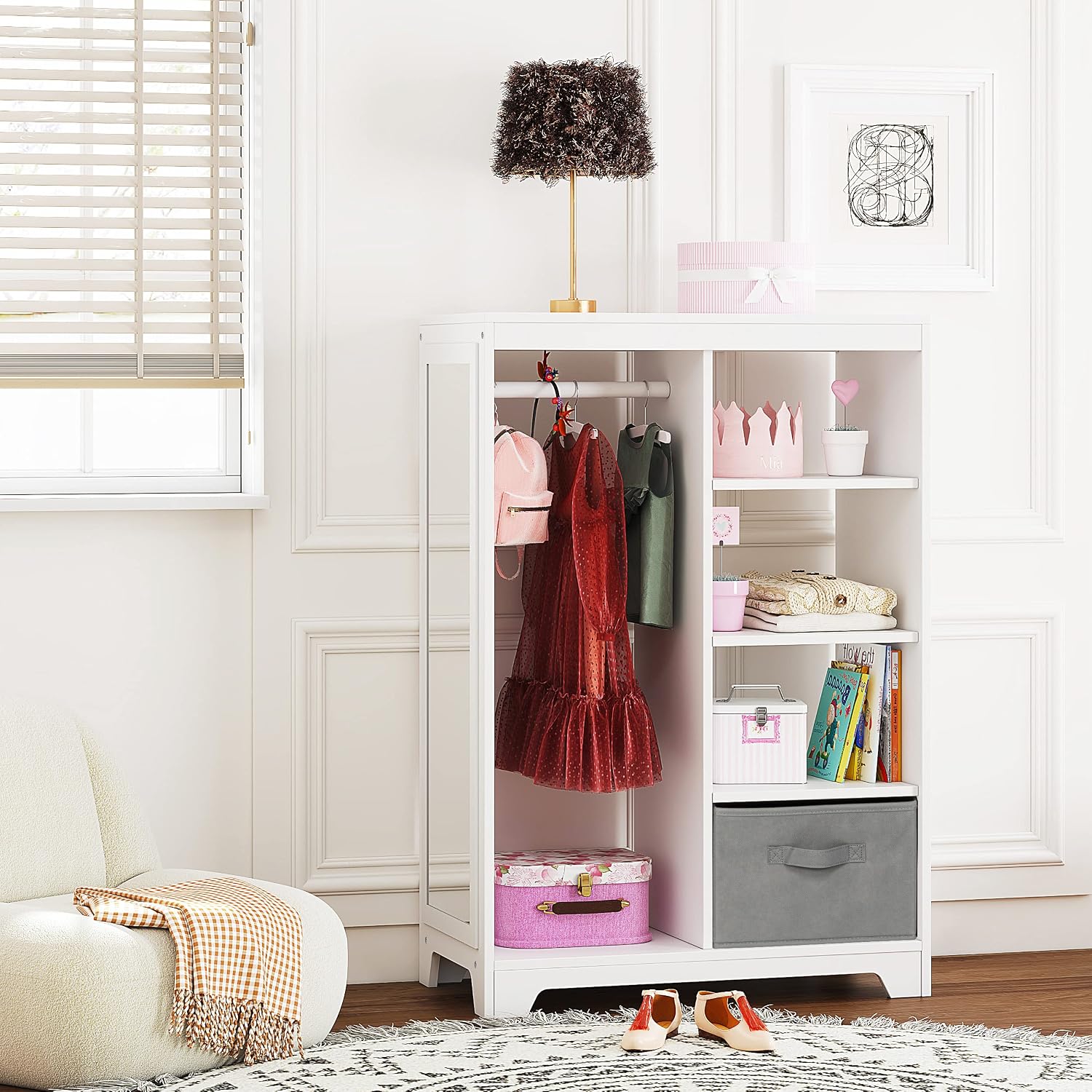 UTEX Kids Dress Up Storage with 2 Storage Bins and Full Length Mirror | Kids Armoire, Opening Hanging Kids Closet Wardrobe, Water-based Paint
