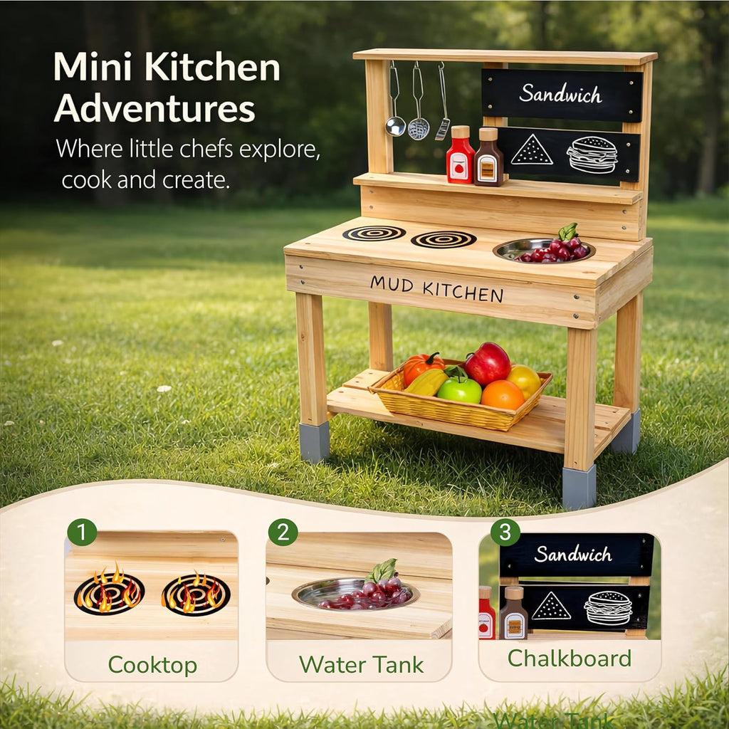 Wooden Mud Kitchen,Outdoor Play Kitchen with Sink,Blackboard and Accessories for Kids,Fir Wood Pretend Play Toy for Boys Girls Backyard
