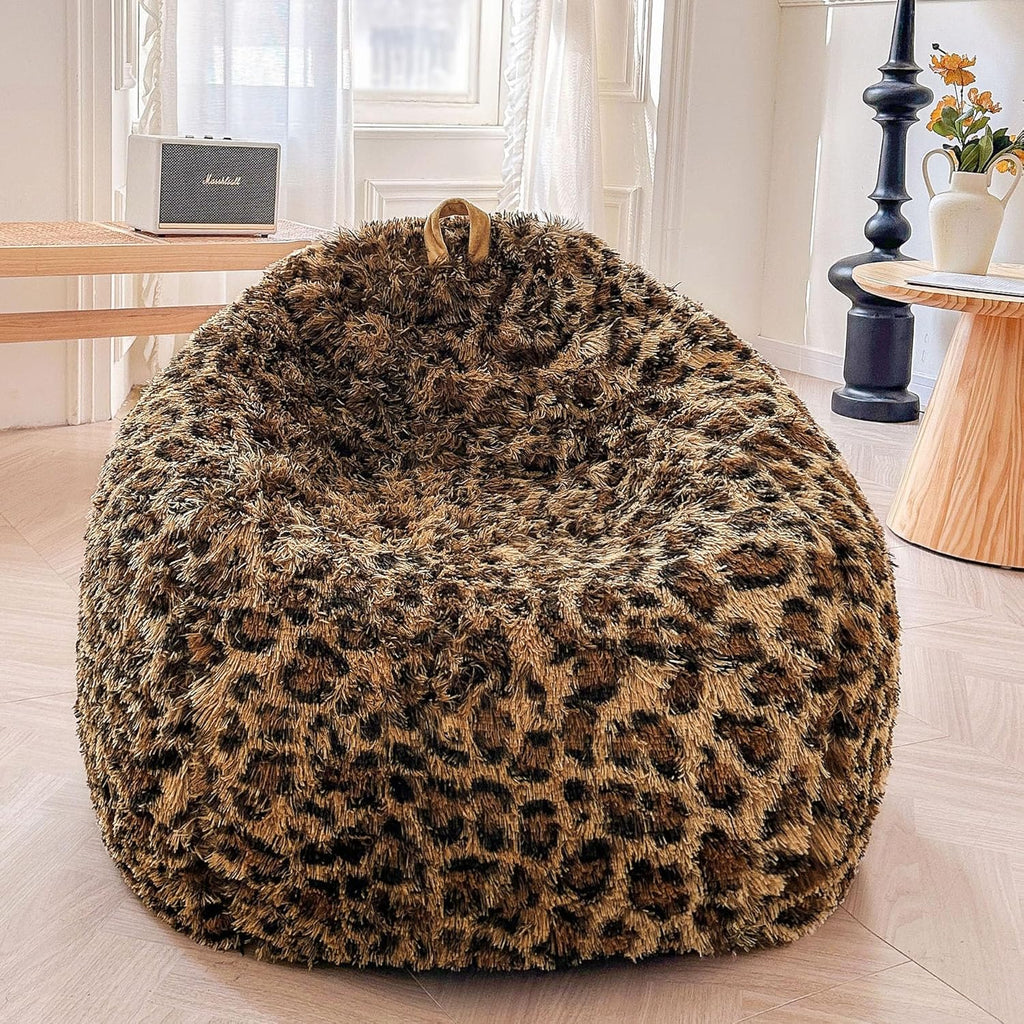 XeGe Faux Fur Leopard Print Bean Bag Chair Cover (No Filler), Fluffy Stuffed Animal Storage Cheetah Bean Bag Home Decor, Furry Fuzzy Big Beanbag Cover for Adults Teens Kids Girls, Anti-slip, Brown