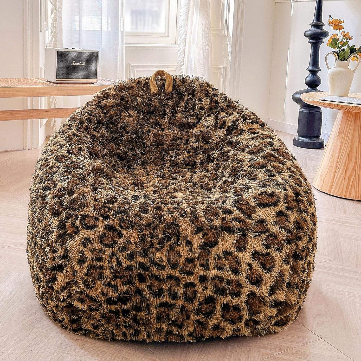 XeGe Faux Fur Leopard Print Bean Bag Chair Cover (No Filler), Fluffy Stuffed Animal Storage Cheetah Bean Bag Home Decor, Furry Fuzzy Big Beanbag Cover for Adults Teens Kids Girls, Anti-slip, Brown