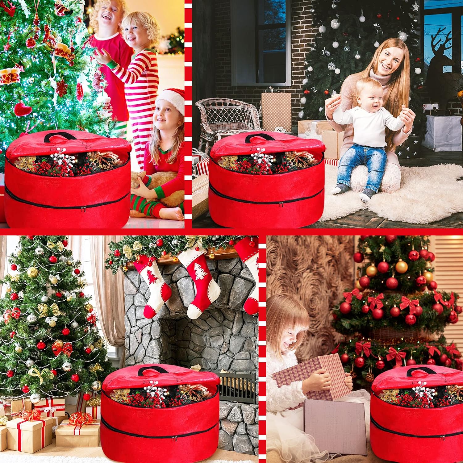 Double Layer Christmas Wreath Storage Container Bags Double Wreath Storage Container Zippered Bag with Handle Festive Storage Box Storage for Xmas Garlands, Red(2 Pcs,24 Inch)