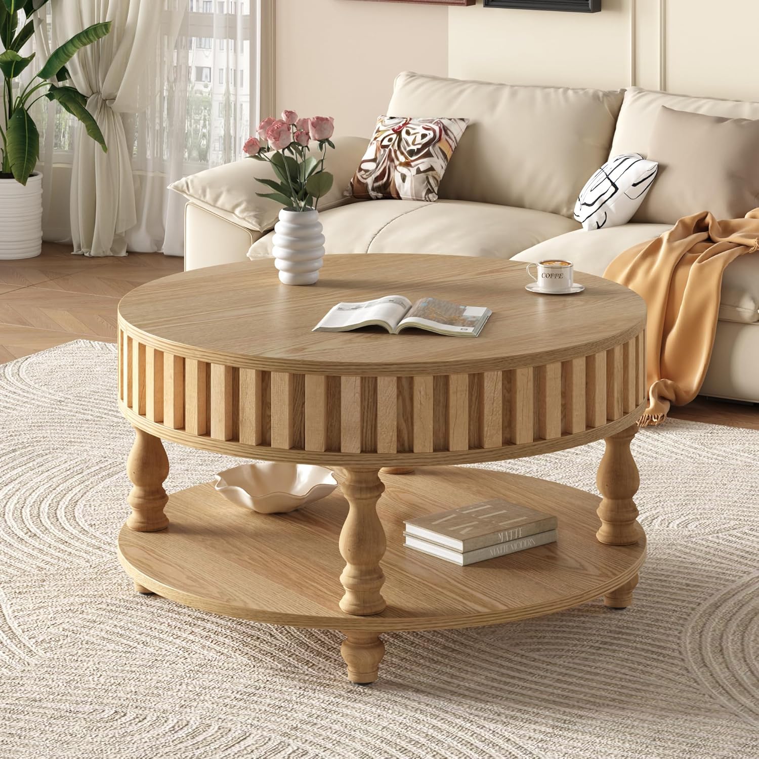 TesNus 31.5'' Round Coffee Table with Storage, Modern Wood Coffee Table for Living Room, Small Center Table with Hidden Compartment & Open Shelf, Farmhouse Boho Mid Century Coffee Tables, Natural Wood