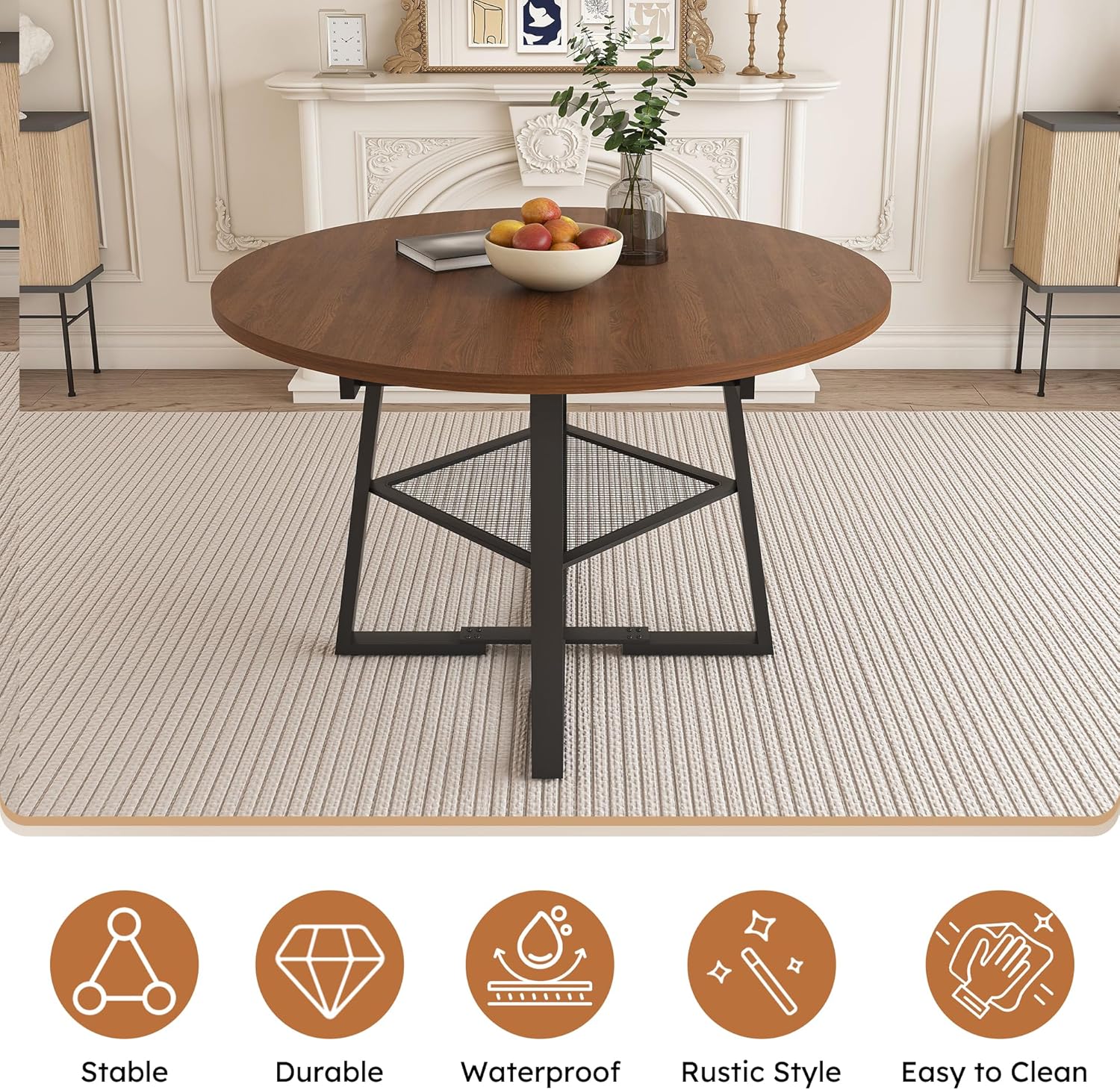47-59" Round Dining Table Set for 6, Extendable Round Dining Table with Chairs, Wood Table and Chairs Set with Storage Shelf, Modern Dining Room Table Set for 6