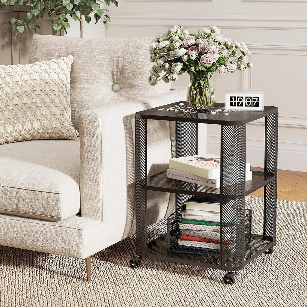 Giantex 3-Tier End Table, Rolling Side Table w/Open Storage Shelves, Sturdy Mesh Metal Frame & Lockable Wheels, Mobile Small Bedside Night Stand for Bedroom Living Room Office