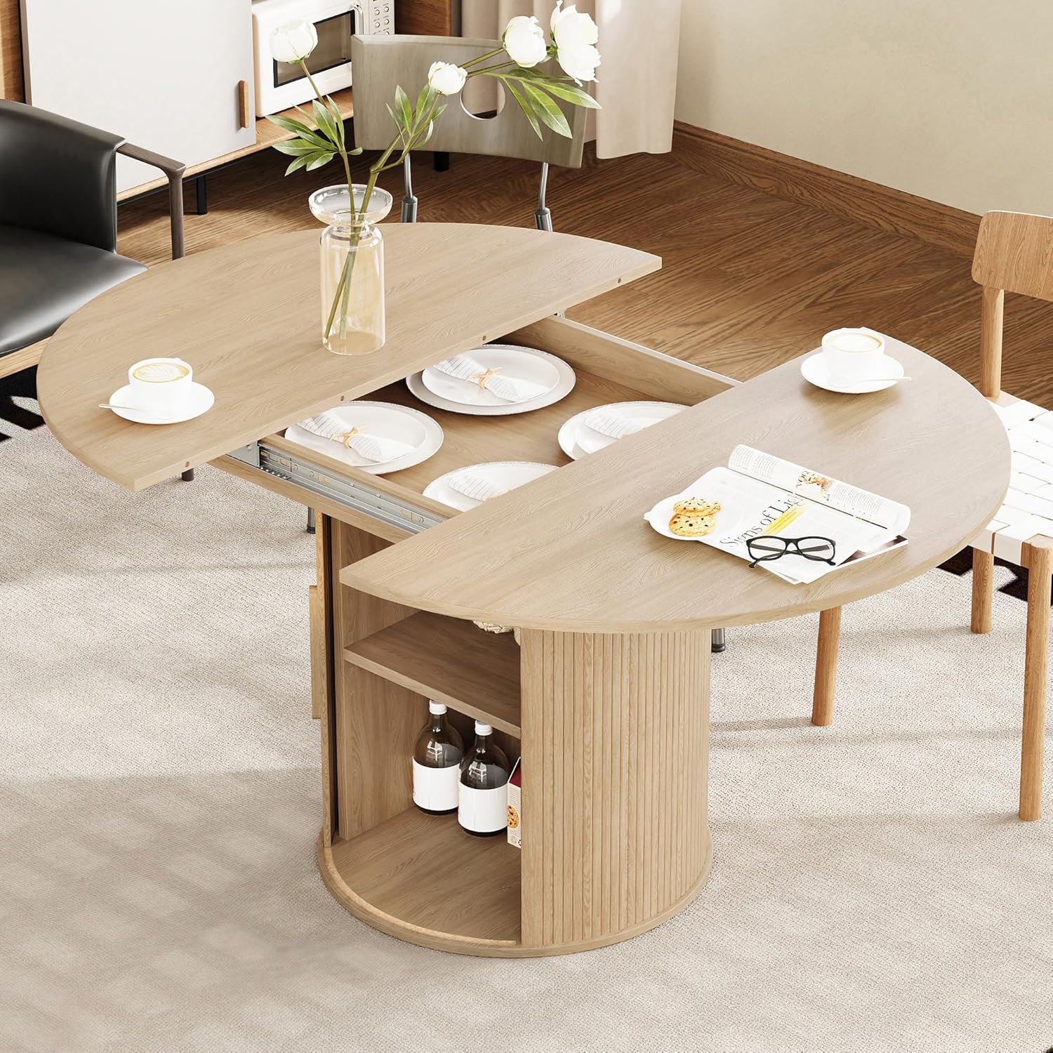 weselon 43"-59" Extendable Round to Oval Dining Table with Hidden Storage, Modern Wooden Kitchen Table with Fluted Sliding Door Cabinet, Expandable Dinner Table for Dining Room Living Room (Natural)