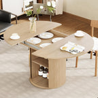 weselon 43"-59" Extendable Round to Oval Dining Table with Hidden Storage, Modern Wooden Kitchen Table with Fluted Sliding Door Cabinet, Expandable Dinner Table for Dining Room Living Room (Natural)
