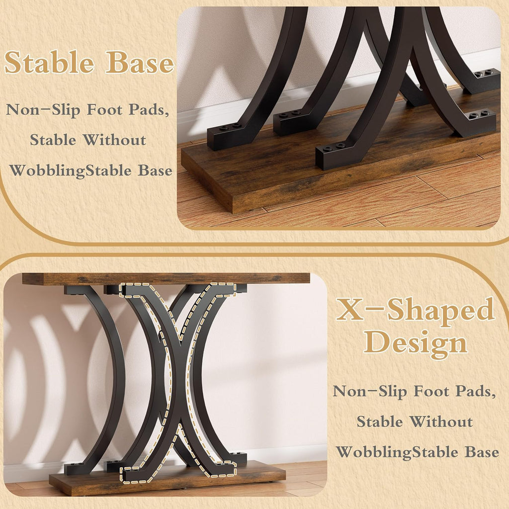 JUSTOGO 43.3" Console Table for Entryway, Industrial Sofa Table Entryway Table, Narrow Wood Accent Tables X-Shaped Metal Hallway Table for Living Room, Small Spaces, Entrance, Foyer, Rustic Brown
