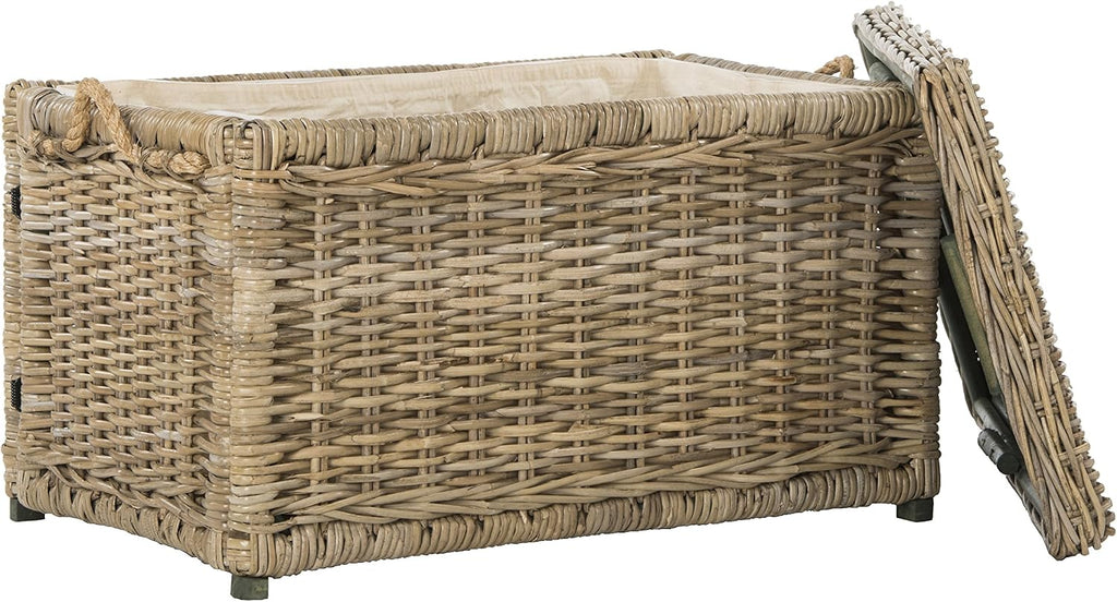 happimess Jacob 30.7" Collapsible Wicker Storage Trunk, Natural | Hand-Woven Rattan, Removable Lid and Liner, Coastal Style, Folds Flat, Entryway Toy Chest, Mango Wood, Iron Frame