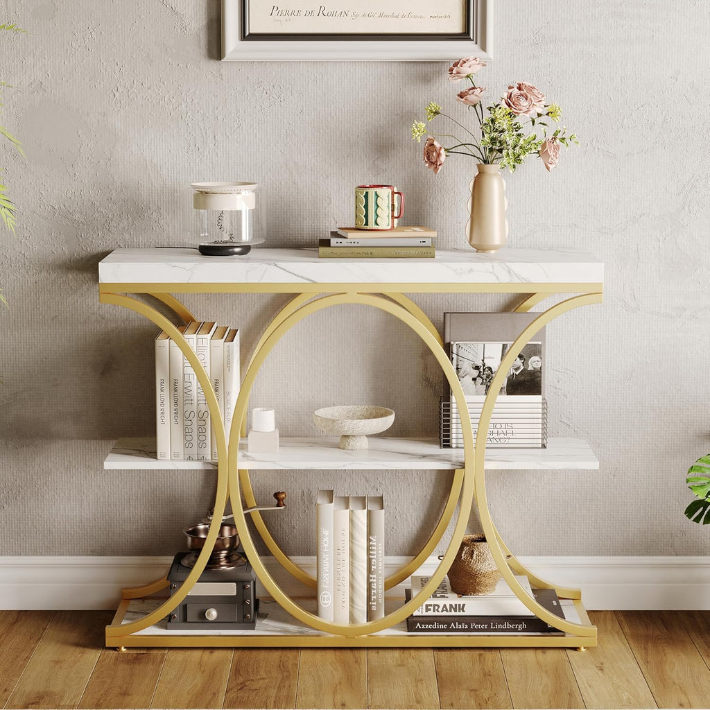 Garvee 39" Narrow Console Tables for Entryway, Industrial 3-Tier Sofa Table with Round Metal Base and Storage Shelves for Living Room, Hallway, Foyer, Gold and White Marble