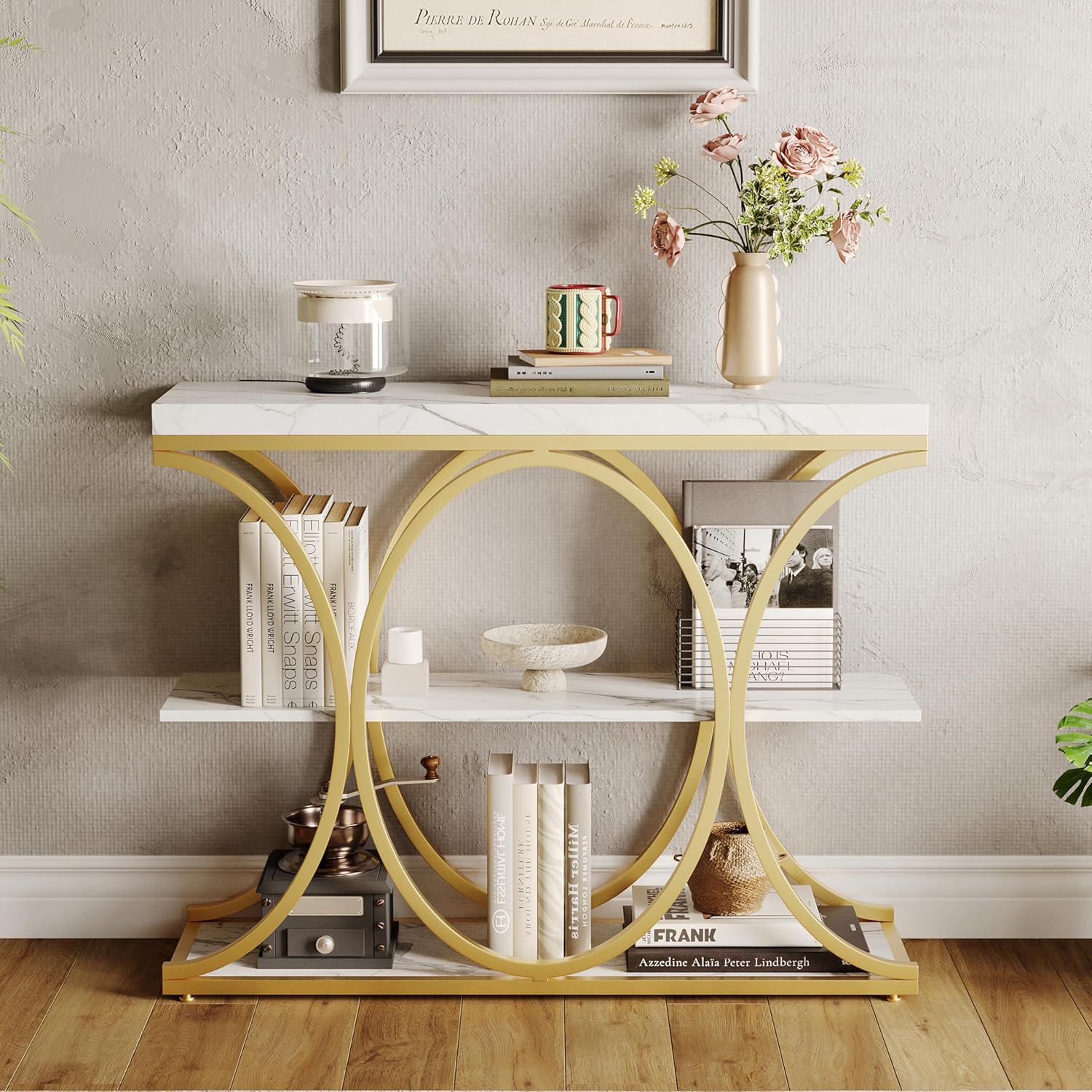 Garvee 39" Narrow Console Tables for Entryway, Industrial 3-Tier Sofa Table with Round Metal Base and Storage Shelves for Living Room, Hallway, Foyer, Gold and White Marble