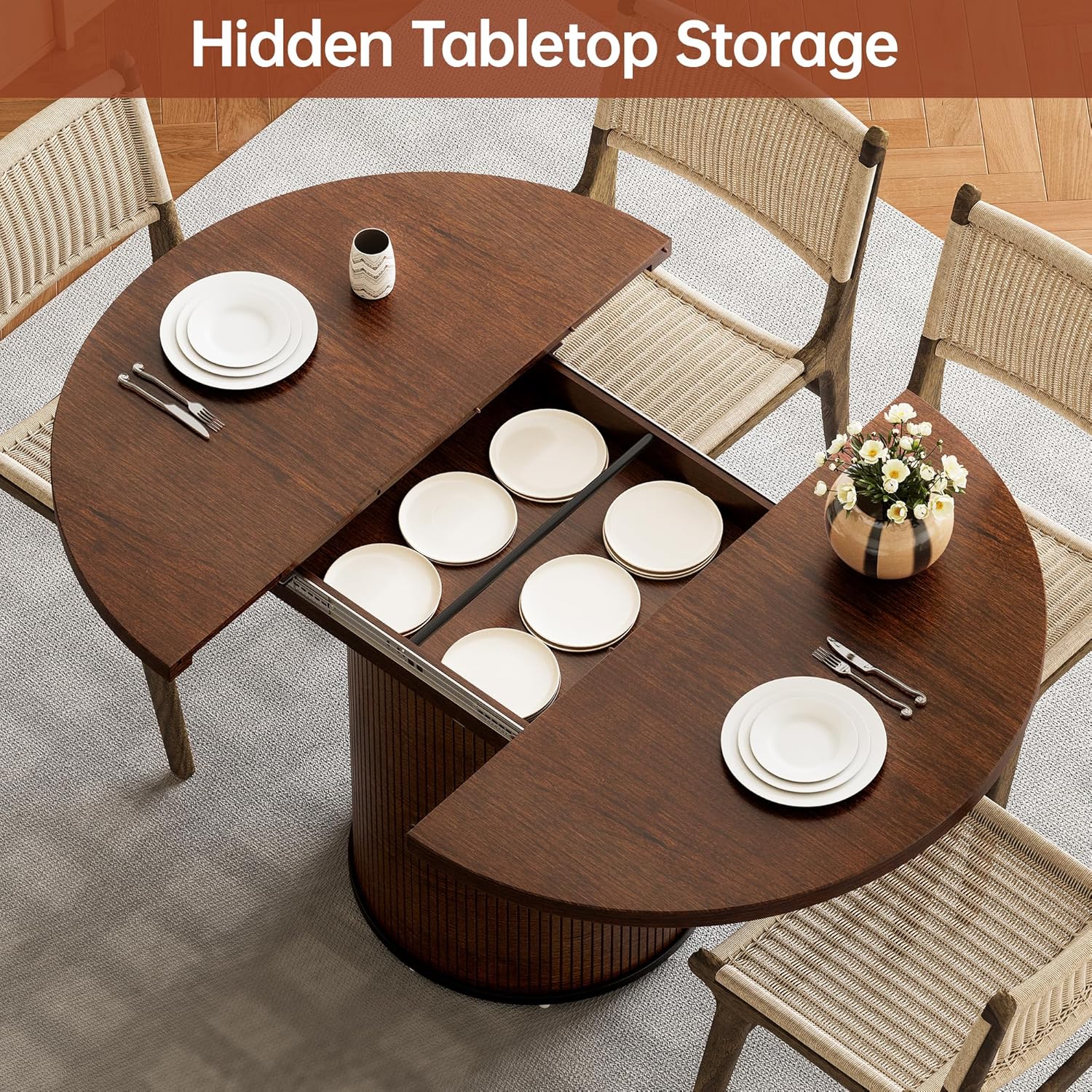 Extendable Round Dining Table for 4-8, 43in-59in Modern Wood Dining Room Table with Removable Leaves, Extendable Dinner Tables w/Heavy Duty Base for Kitchen|Living Room|Small Space, Walnut