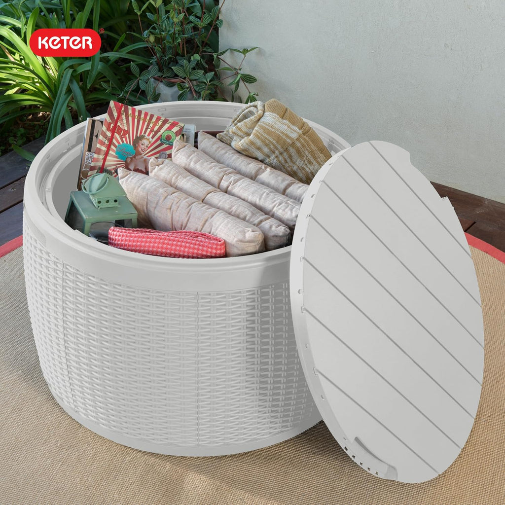 Keter Circa 37 Gallon Resin Deck Box Stool, All-Weather Outdoor Storage Seat with Rattan-Look Finish, Durable Patio Storage Bench for Cushions, Garden Tools, Pool Accessories