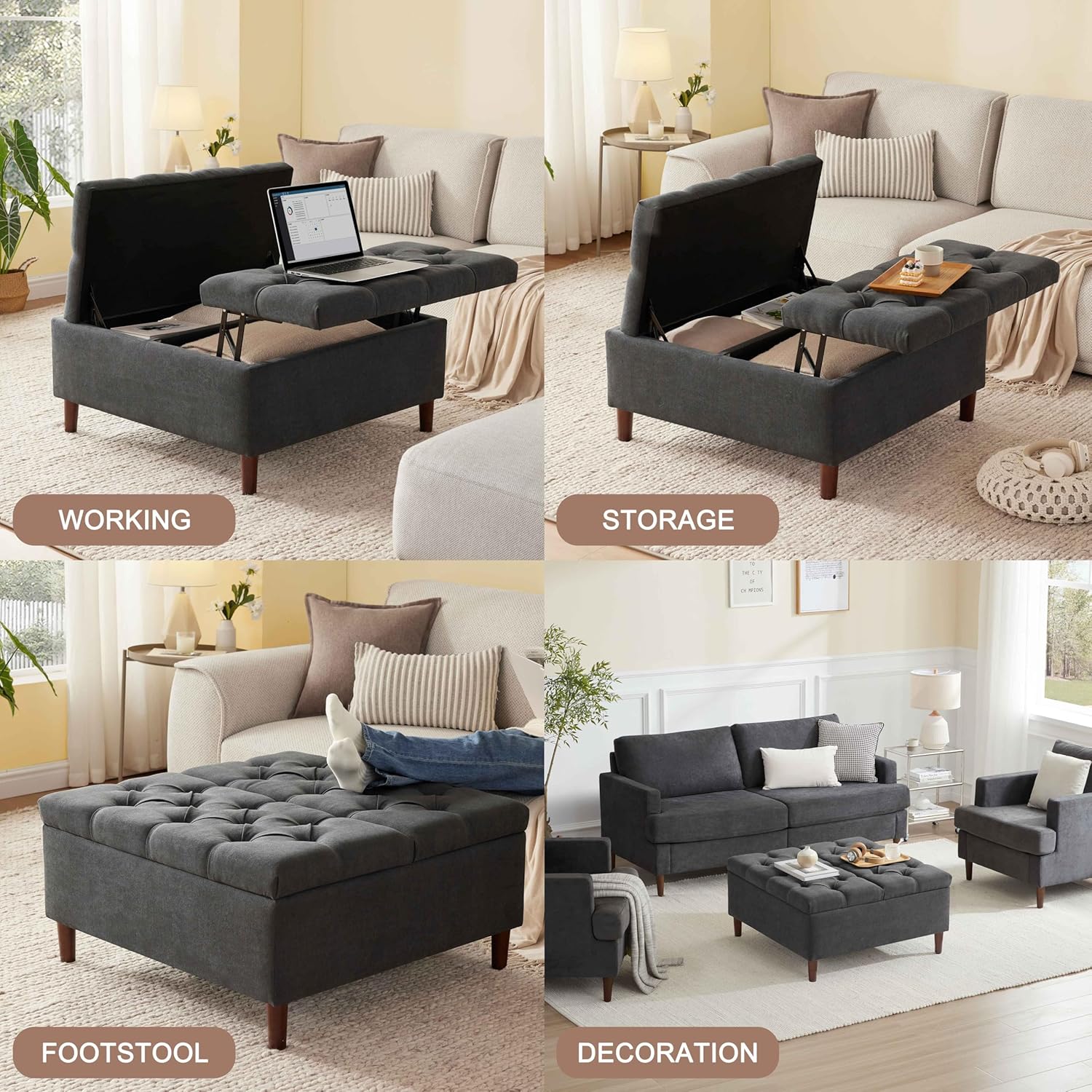 Weture 35 Inch Extra Large Storage Ottoman Coffee Table, No Assembly Required, Oversized Square Ottoman with Storage, Tufted Upholstered Ottomans Coffee Table for Living Room (Fabric, Dark Grey)