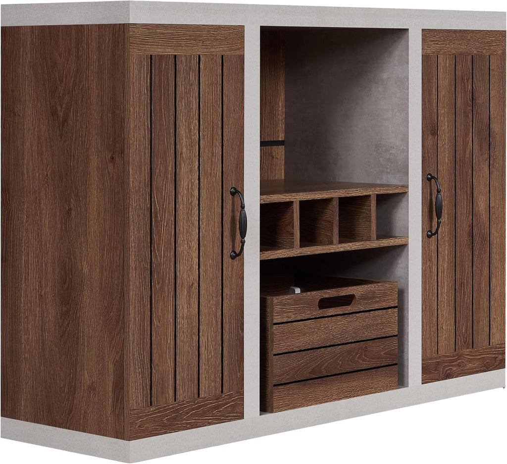 HOMES: Inside + Out Cato Industrial Two-Tone Buffet with Open Shelf, Wine Bottle Holder, Slatted Drawer and Cabinets, Distressed Walnut and Cement