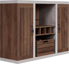 HOMES: Inside + Out Cato Industrial Two-Tone Buffet with Open Shelf, Wine Bottle Holder, Slatted Drawer and Cabinets, Distressed Walnut and Cement