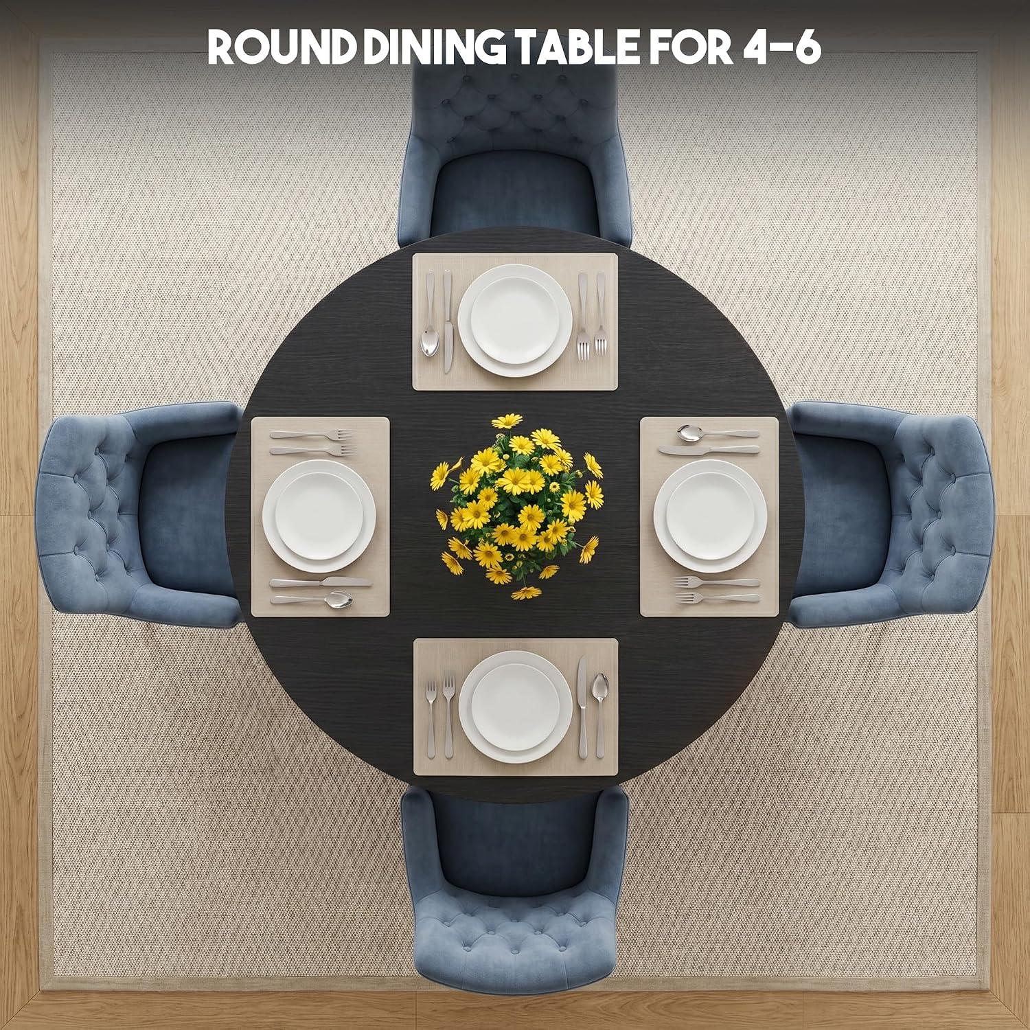 Miereirl Round Dining Table Set for 4, 43.31 Inch Round Kitchen Table and Chairs Set with Storage Shelf, Space Saving Dining Room Table Set, Modern Dining Set for Apartment, Kitchen, Dining Room