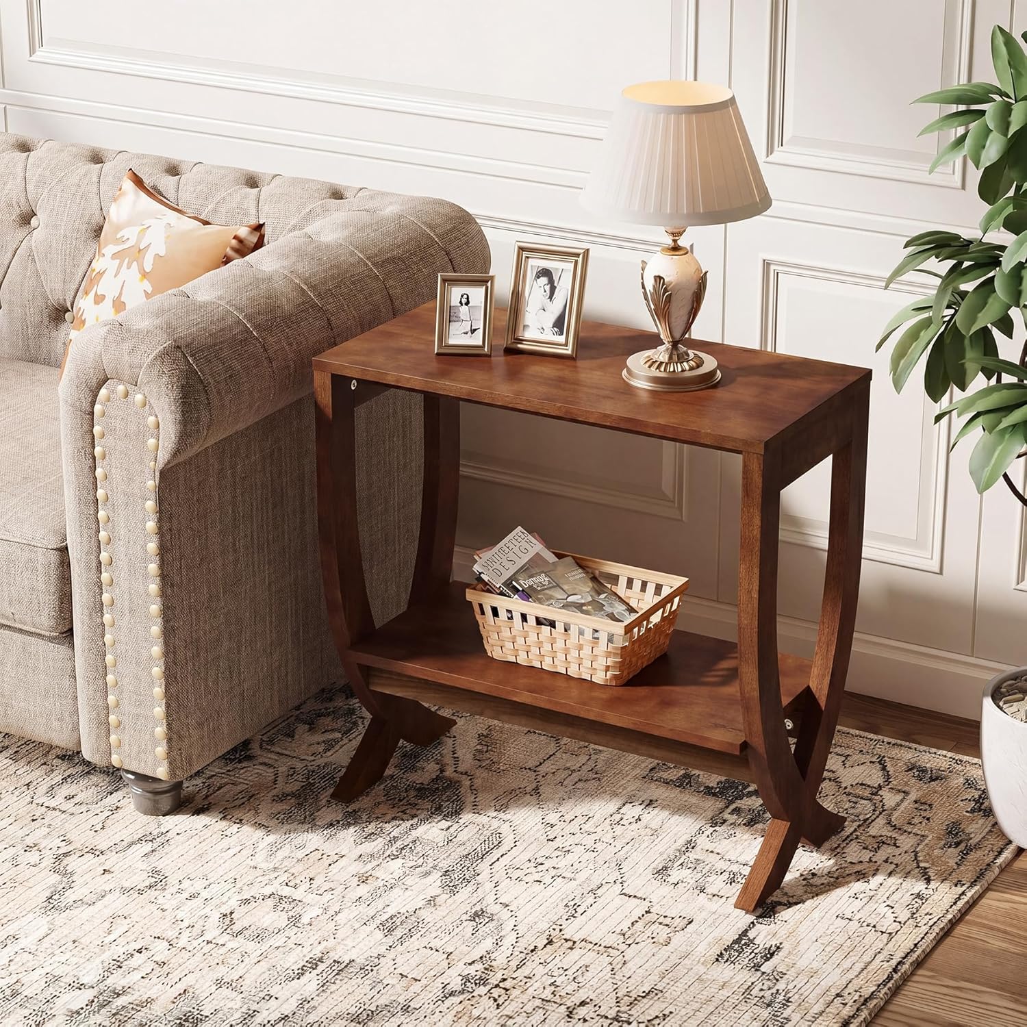 Solid End Table, 2-Tier Couch Side Table with Arched Legs for Small Space, Living Room, Easy Assembly, Rustic Walnut