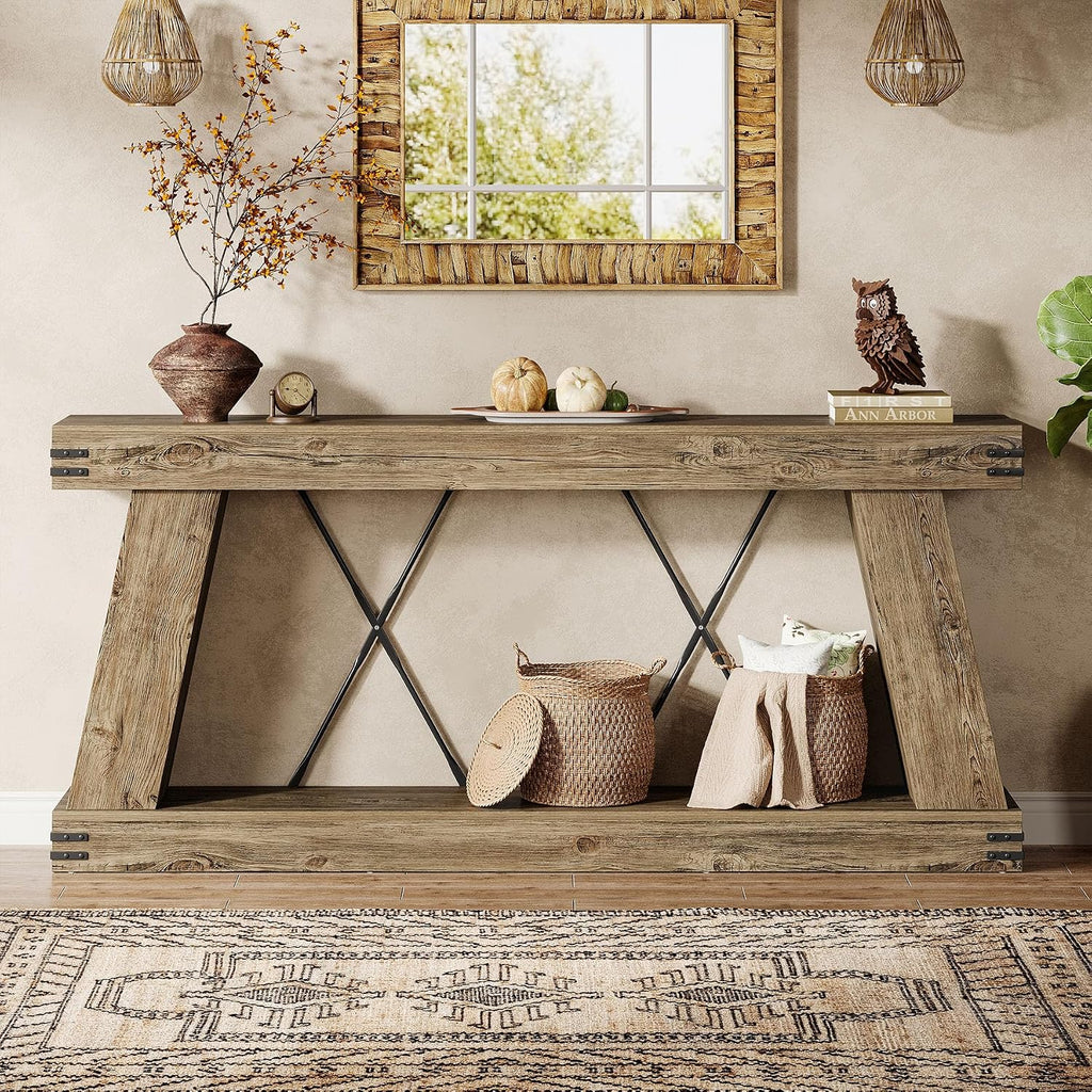 Tribesigns 70.9" Farmhouse Console Table, Long Sofa Table Behind Couch with Storage, Narrow Console Station, Industrial Rustic Entryway Furniture for Hallway, Entry, Living Room (1, Light Brown Oak)