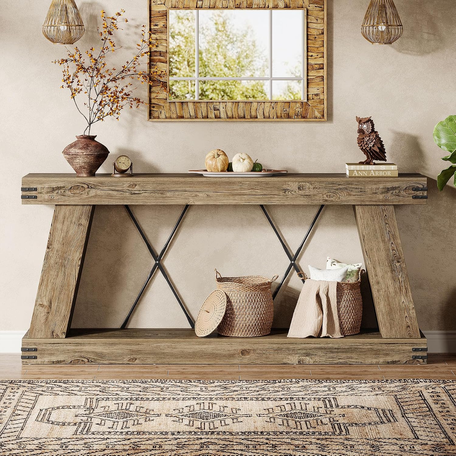 Tribesigns 70.9" Farmhouse Console Table, Long Sofa Table Behind Couch with Storage, Narrow Console Station, Industrial Rustic Entryway Furniture for Hallway, Entry, Living Room (1, Light Brown Oak)