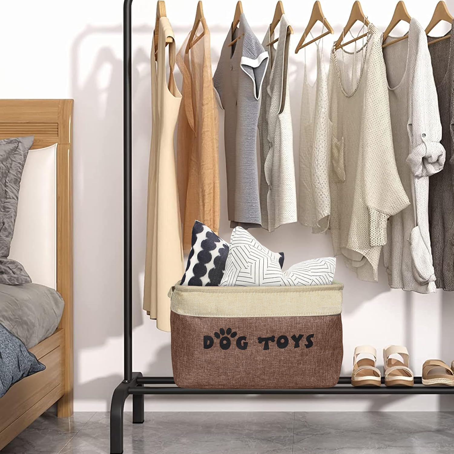 PET ARTIST Dog Toy Basket, Collapsible Dog Toy Bin Box, Large Pet Toy Storage Organizer with Comfortable Handles for Accessories, Toys, Coat & Clothing, Blanket & Leash, Brown-1, 15"x11"x9"