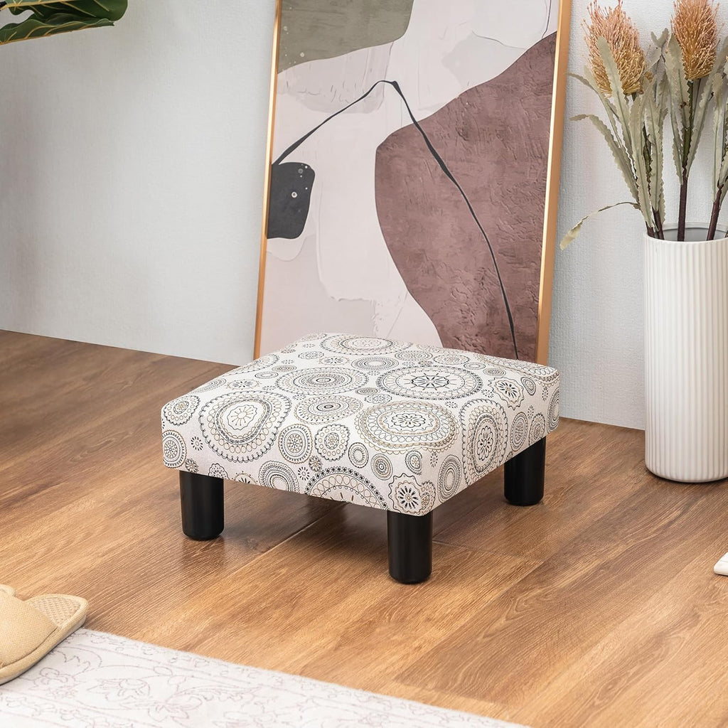 Joveco Small Foot Rest Stool Ottoman, Square Upholstered Fabric Footstool for Couch, Under Desk, Office, Living Room, Printing Beige