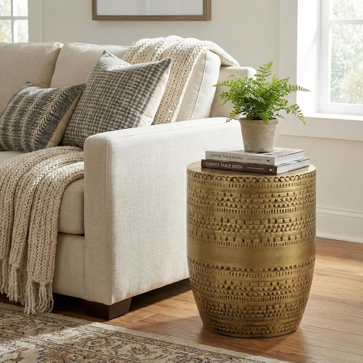 SIMPLIHOME Johnsen Tribal Accent Table – 15 inch Wide Round Metal Drum Table in Burnished Gold, Boho Modern Side Table for Living Room with Embossed Tribal Pattern, Assembled