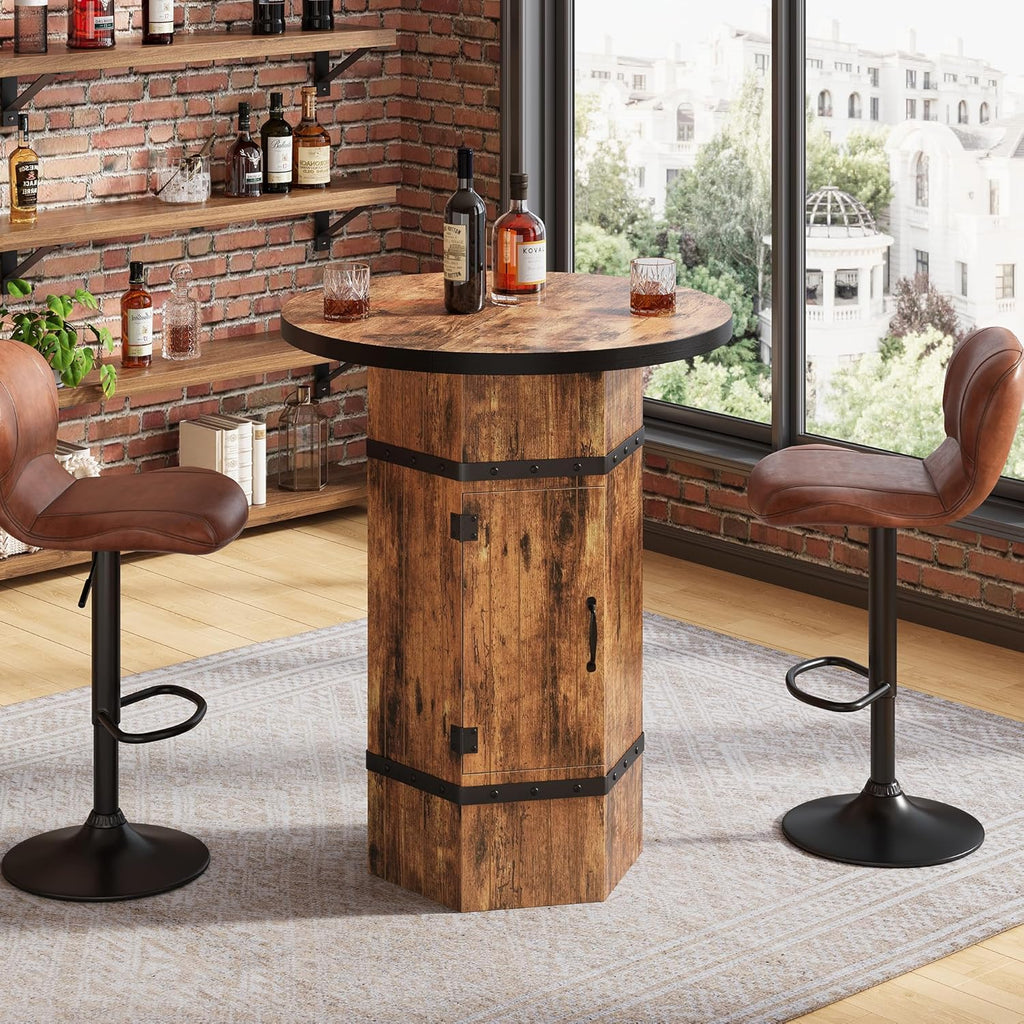 Round Bar Table with Hidden Storage, 39.4" H Bar Height Pub Table with Sturdy Barrel-Inspired Base, Rustic Industrial Bistro Cocktail Table for Pub, Kitchen, Home Bar, Apartment (Table Only)