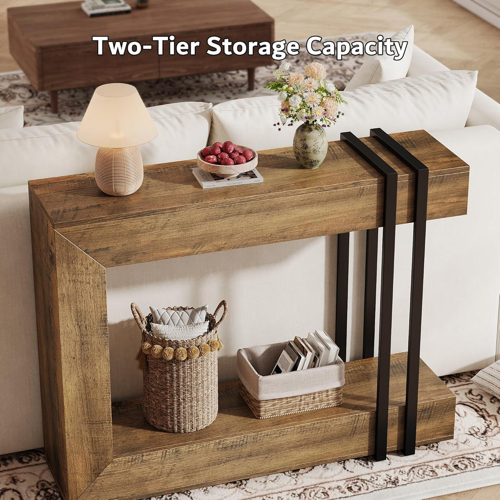 iPormis 42.5-Inch Console Table for Entryway, 2-Tier Sofa Table Behind Couch, Wood Entry Table with Storage & Metal Lines Base for Living Room, Hallway, Foyer, Rustic Brown