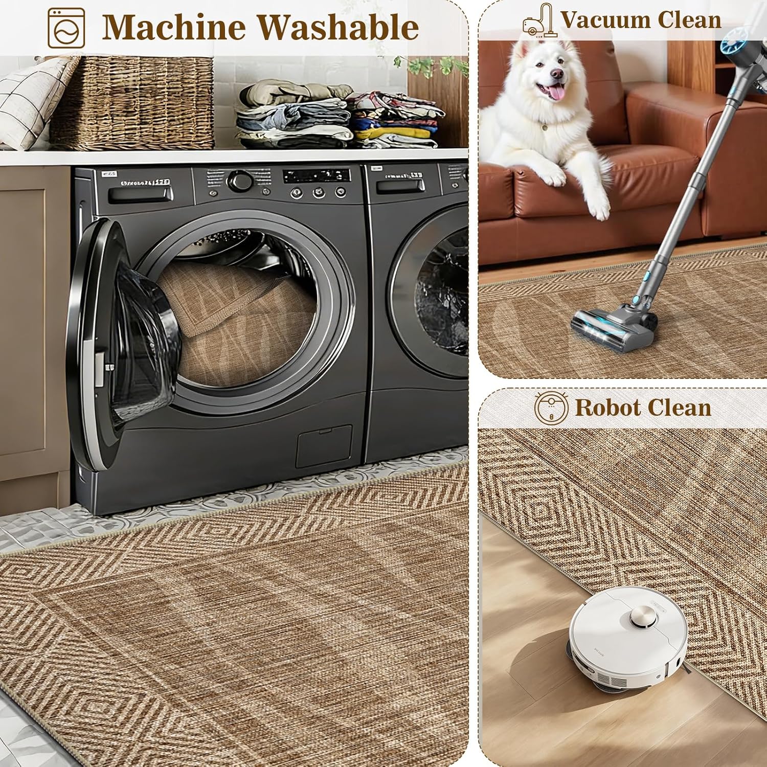 Jute Rug 5x7 Outdoor Patio Rug with Border, Washable Rugs for Living Room, Farmhouse Non Slip Area Rugs with Rubber Backing Indoor Outdoor, Non Shedding Carpet for Bedroom, Courtyard, Light Brown