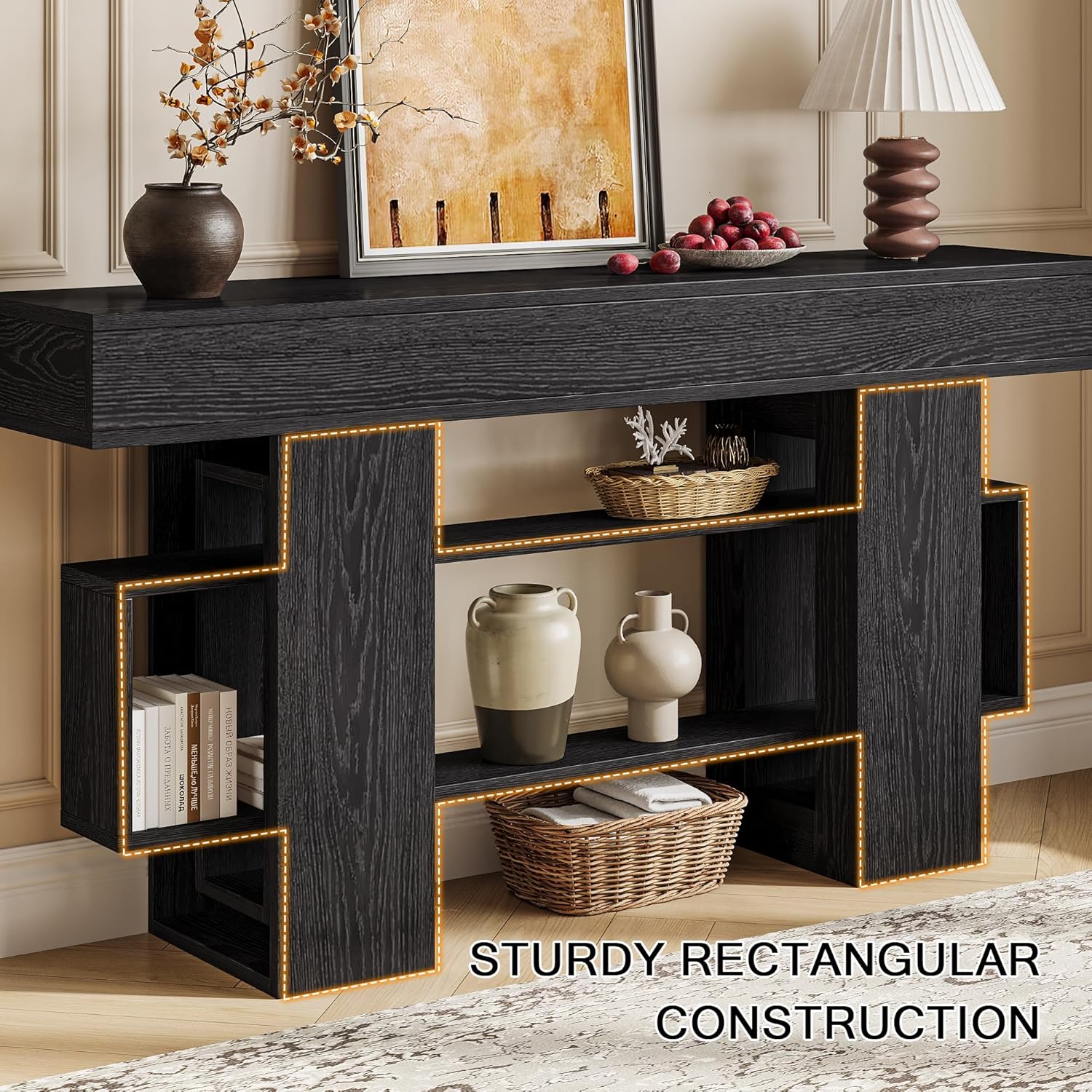 Einhomn 63 Inch Long Console Table for Entryway, Modern Wooden Sofa Table Behind Couch with 3-Tier Storage Shelf, Narrow Entry Accent Table for Living Room, Hallway, Foyer, Black