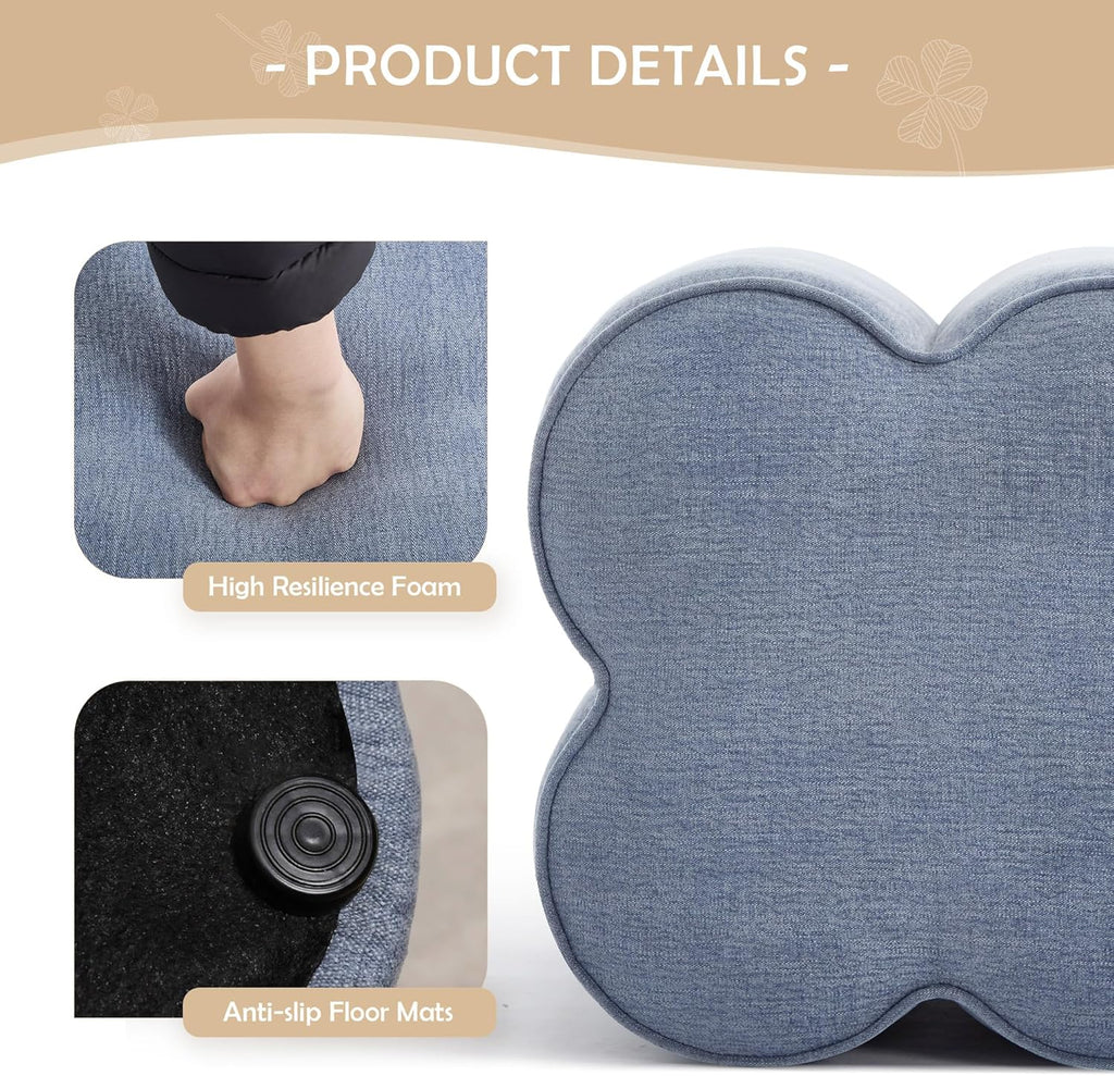 Blue Linen Ottoman Set of 2, Small Vanity Stool, Multi-Functional Ottoman Stool, Footrest for Couch, Flower Footstool for Makeup Room, Entryway and Living Room