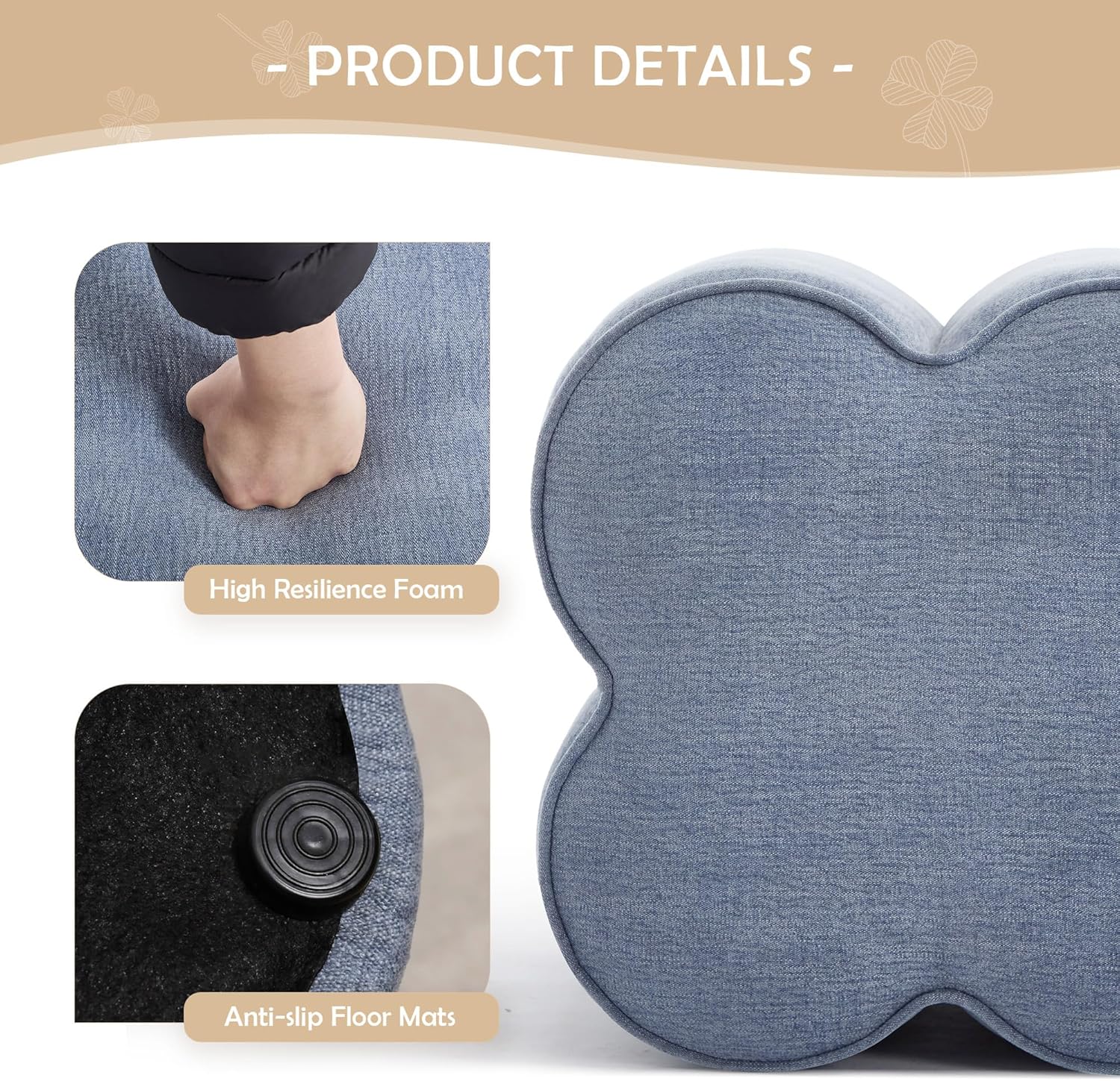 Blue Linen Ottoman Set of 2, Small Vanity Stool, Multi-Functional Ottoman Stool, Footrest for Couch, Flower Footstool for Makeup Room, Entryway and Living Room