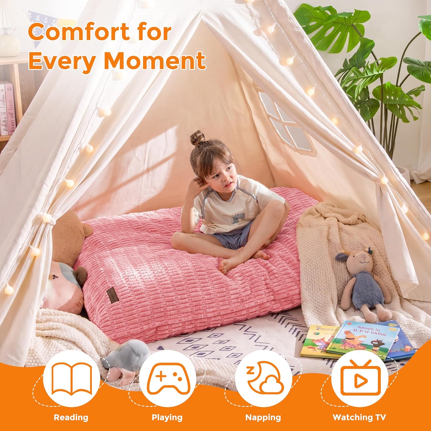 MAXYOYO Kids Bean Bag Chair, 3 in 1 Convertible Bean Bag Sofa with Removable Cover for Children, Soft Floor Lounger with Supportive Shredded Foam Filling, Floor Cushion Chair for Living Room, Playroom