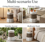 JIJIWANG 16.93" H Outdoor Stone Side Tables for Patio, Moden Coffee Table with Brown Retro Woven Rope and Fan-Base MGO, Small End Table for Home, Office, Living Room & Outdoor Brown+Gray