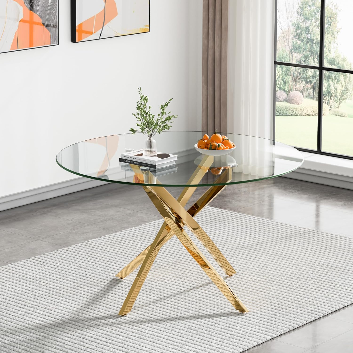 47.24" Round Dining Table for 6 8, Modern Clear Glass Kitchen Table for 6 with Gold X Metal Legs, Contemporary Circle Dining Room Leisure Tables for Kitchen Apartment