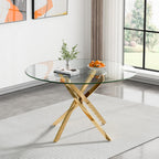 47" Round Glass Dining Table for 4-6, Circle Kitchen Table with Tempered Glass Top & Gold Metal Cross Legs, Modern Glass Dinner Table for Kitchen Dining Room Small Apartment