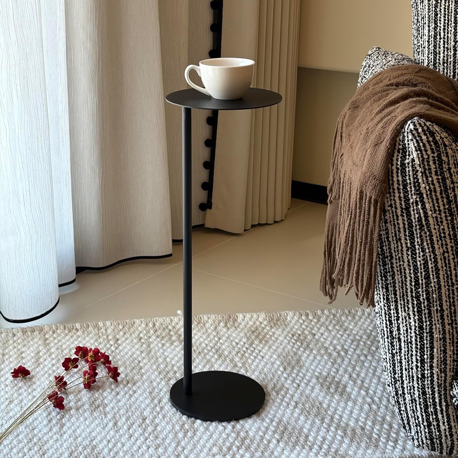 Premium Round Mini Side Table, C Shaped End Table, Drink Table, Small Pedestal Side Table with Upgraded Weighted Metal Base, for Livingroom, Bedroom, Bathroom, Balcony, Small Spaces (Black)