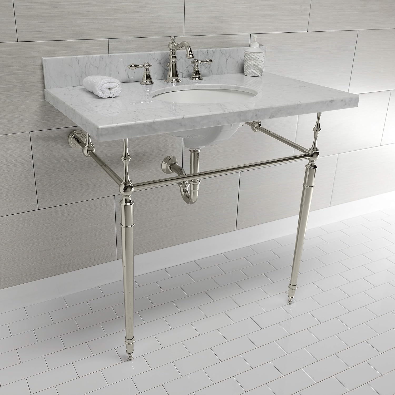 Kingston Brass KVPB3622M86 Edwardian 36" Console Sink with Brass Legs (8-Inch, 3 Hole), Marble White/Polished Nickel